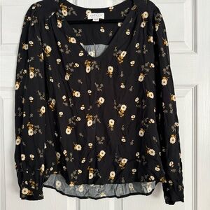 Velvet by G & S Black Floral V Scoop Neck Medium